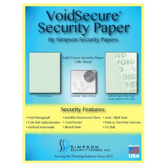 VoidSecure Solid Green Security Paper 8.5 x 11, 500 Sheets by Simpson Security Papers
