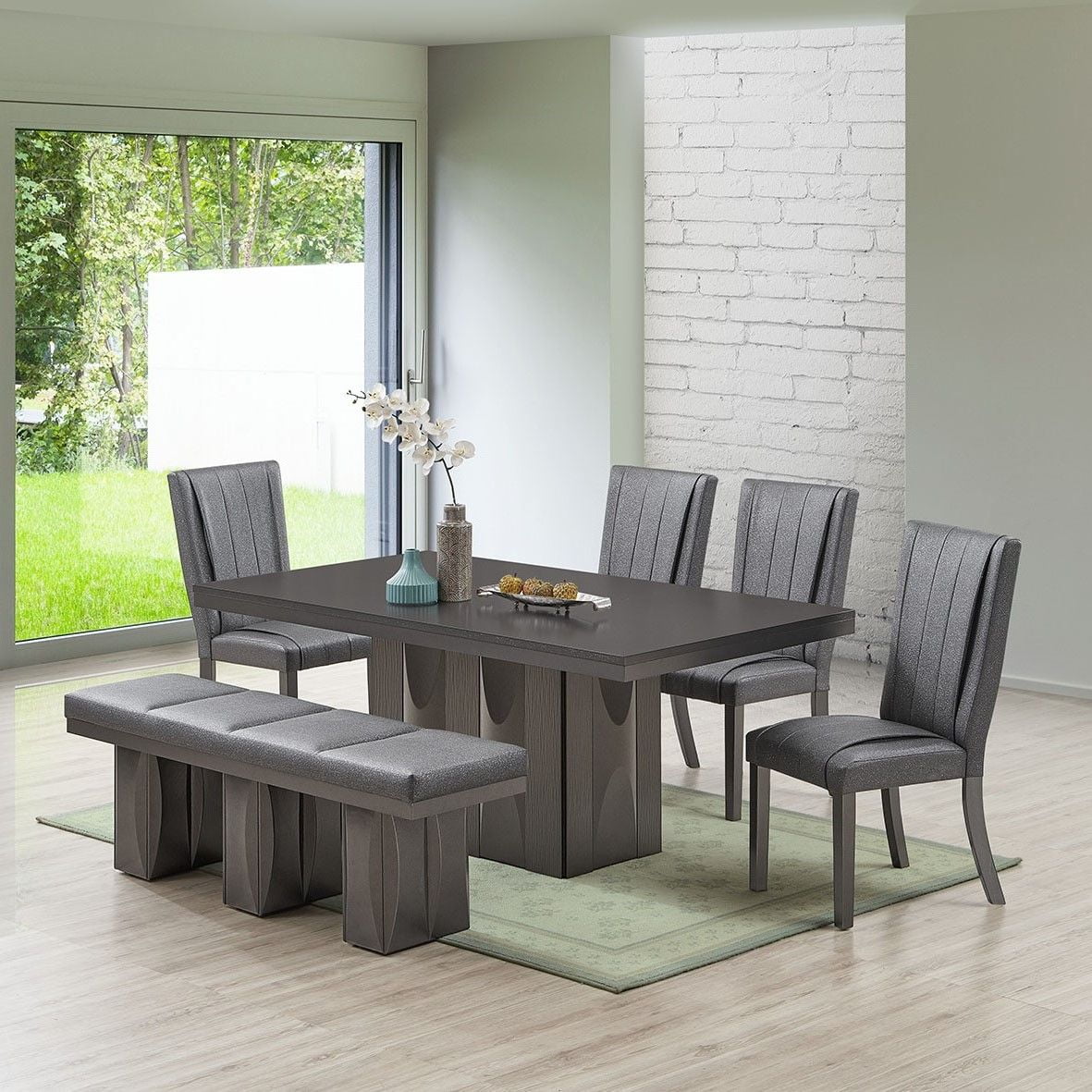 Voight 6 Piece Dining Set Gray Wood Vinyl Table 4 Chairs Bench
