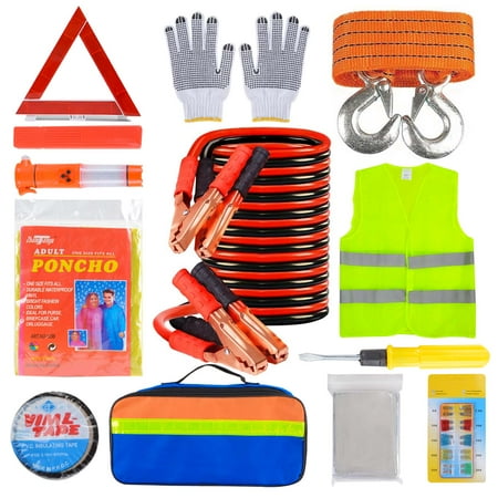Voilamart 12-Piece Emergency Roadside Assistance Kit with Jumper Cables and Warning Triangle