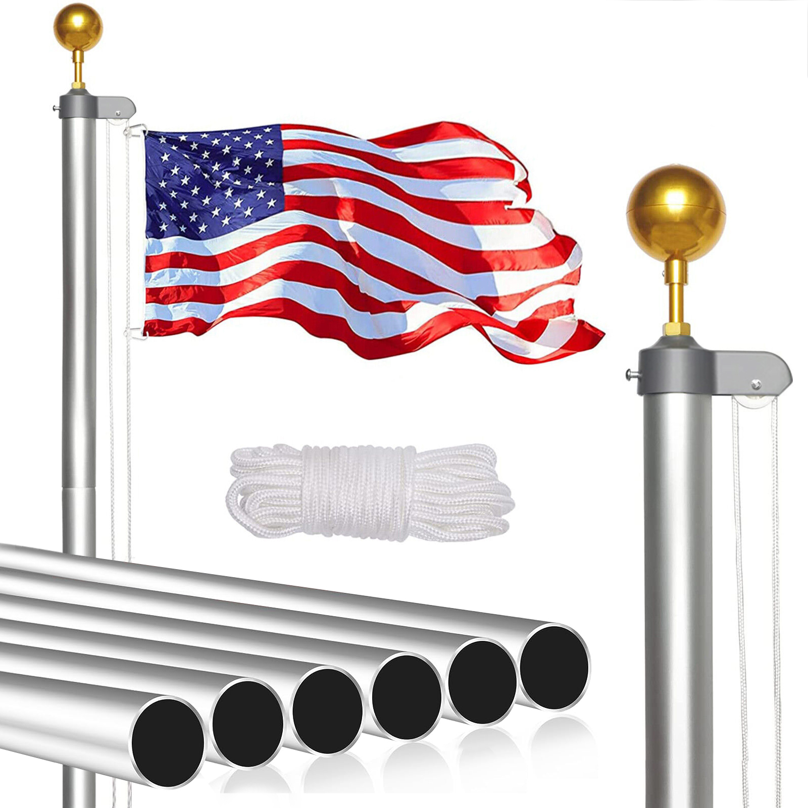 Black 20Ft Sectional Flag Pole Kit with 136 LED Solar Light set