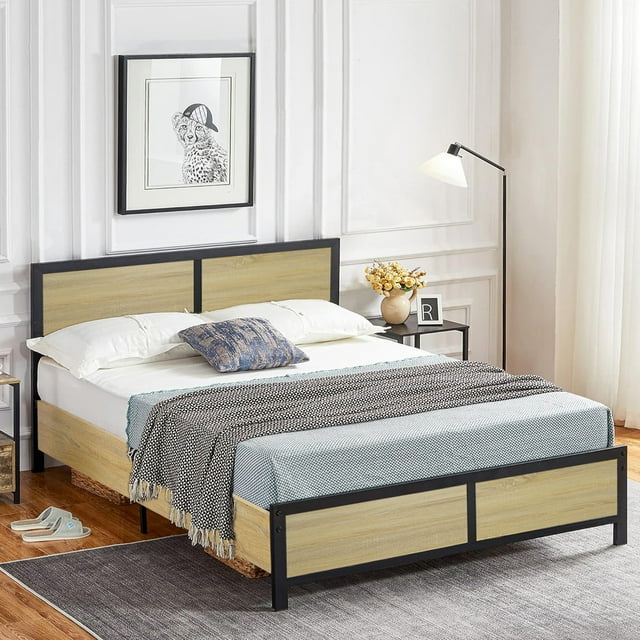 Voilamart Queen Bed Frame with Wooden Headboard & Footboard 16 inch