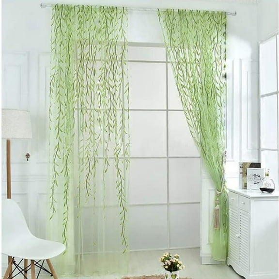 Voile Curtain, Green Curtain Wicker Leaves Sheer Voile Valances Soft and Translucent Room Window Panel Drape Beautiful and Elegant