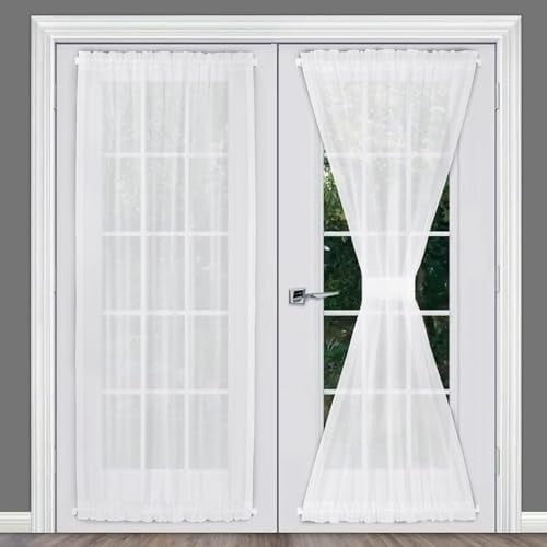 Voile French Door Curtains Set of 2 Panels, Sidelight Curtains for Front Door with Tieback, Privacy Sheer Doorway Light Filtering Panels, White, W40 x L72