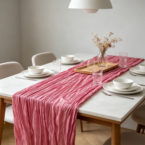Voile Table Runner with Pleats Decorative Gathered Fabric, Soft Breathable Sheer Tablecloth for Weddings Parties Dessert Tables, Elegant Drape Design for Kitchen Dining Room Salon Home Decor