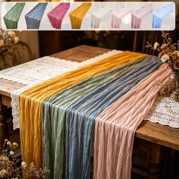Voile Table Runner with Pleats, Soft Wrinkle Gauze Fabric Tablecloth, Bohemian Decorative Gathered Sheer Drape for Wedding Party Celebration, 70.87" x 35.43", AKLJWH