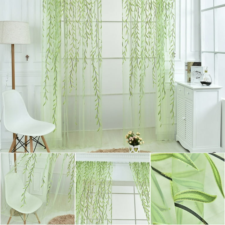 Voile Curtain Wicker Willow Leaves Print Sheer Voile Valances Room Window Panel Drape Green Window Treatments