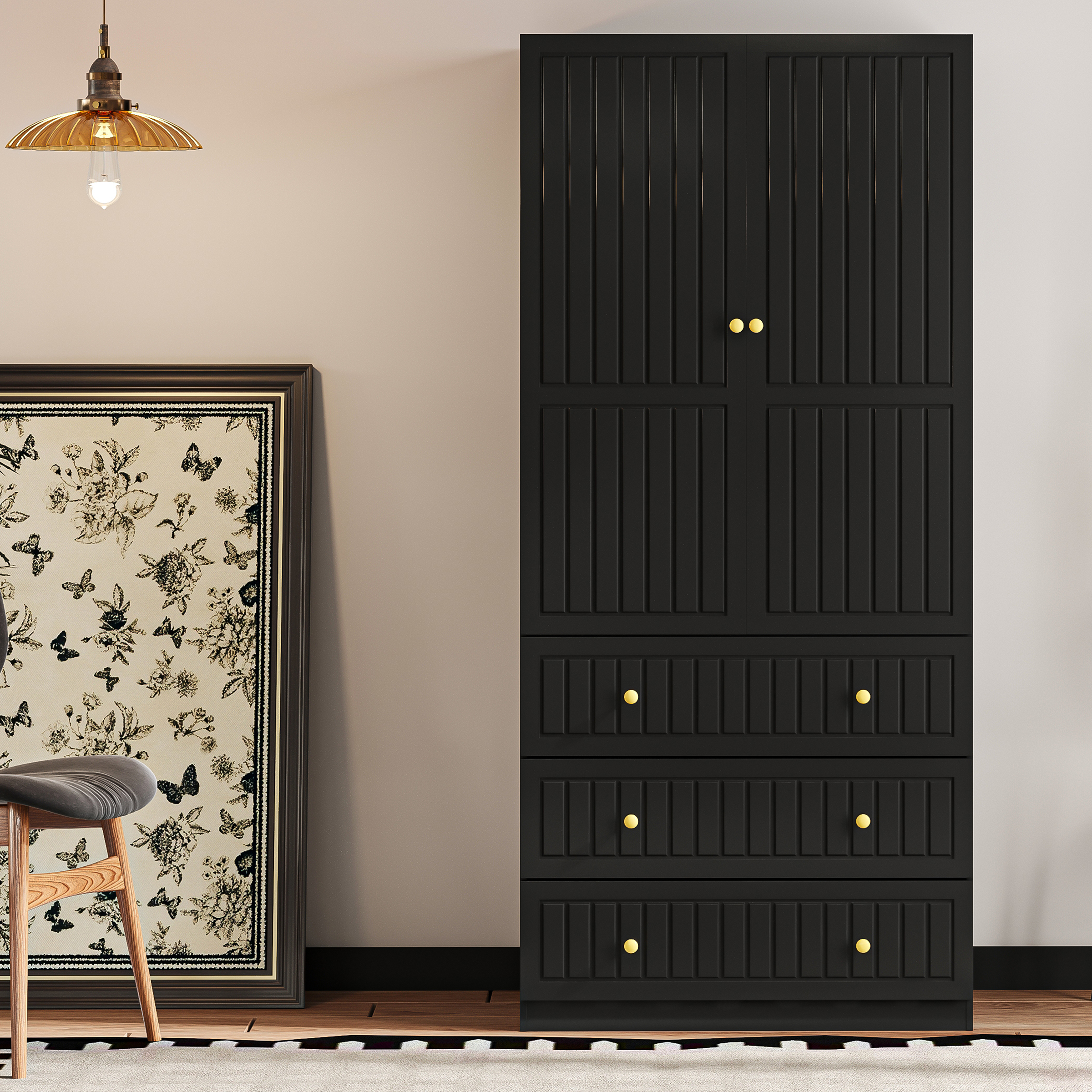 VoirStar 2 Door Armoire with 3 Drawers Black Freestanding Closet Wardrobe