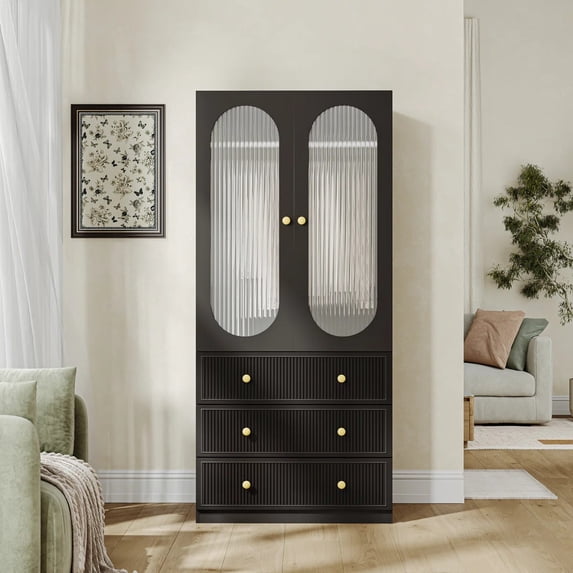VoirStar Armoire with 3 Drawers Black Freestanding Closet Wardrobe