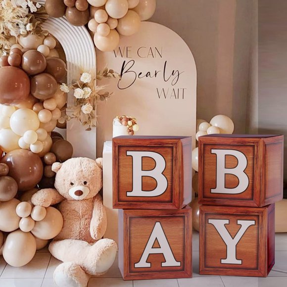 Voircoloria Baby Shower Decorations - Boxes ATT1with Letters for Gender Reveal (Wood) - 4 Balloon Boxes Included