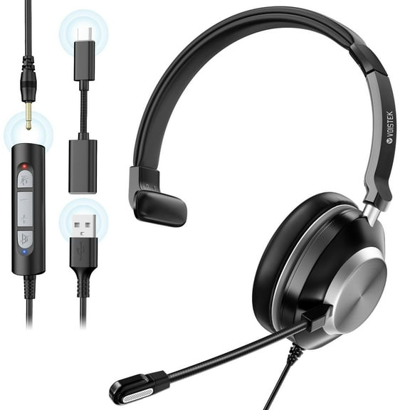 Voistek 3-in-1 Computer Headset with Noise Cancelling (Compatible with 3.5mm, USB, Type-C Jack)