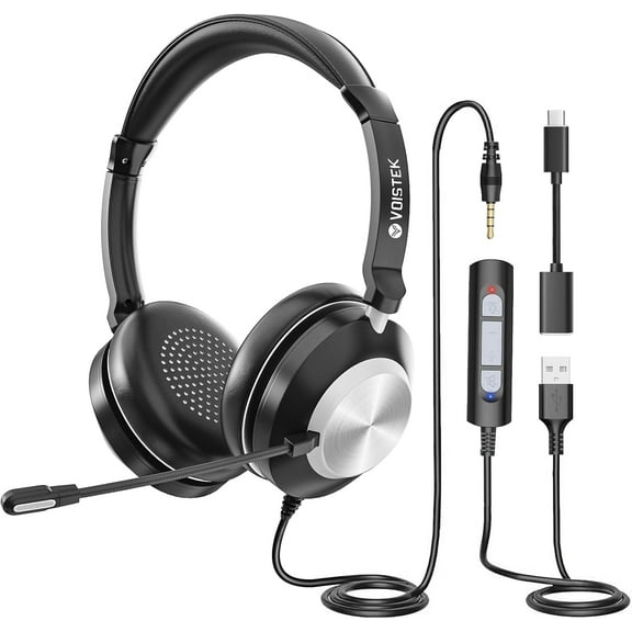 Voistek 3-in-1 Computer Headset with Noise Cancelling (Compatible with 3.5mm, USB, Type-C Jack)
