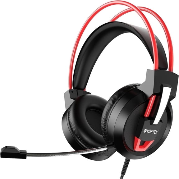Voistek V9 Over-Ear Gaming Headset with Microphone, Surround Sound, Noise Cancellation, Red