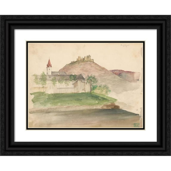 Vojtech Klimkovič 18x14 Black Ornate Wood Framed Double Matted Museum Art Print Titled - View of the Castle Ruins in Szigliget (1860)