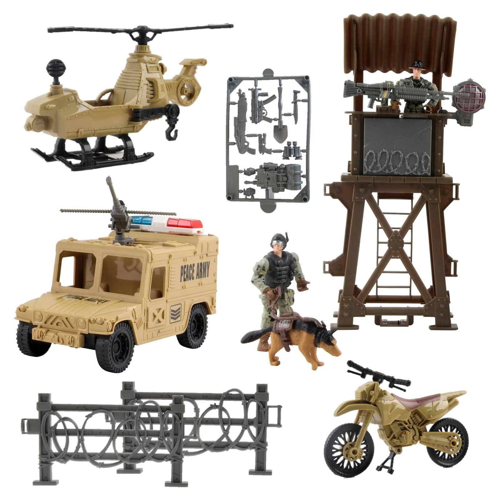 Vokodo Military Playset Watch Tower, Helicopter, Motorcycle