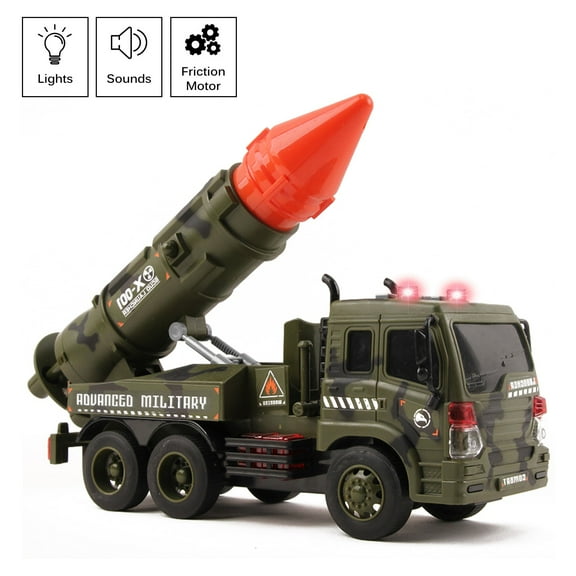 Vokodo Military Launcher Truck Push And Go With Lights Sounds And Pull Back Missile Kids Friction Powered Army Fighter Carrier Vehicle Pretend Play Armored Toy Car Great Gift For Children Boys Girls
