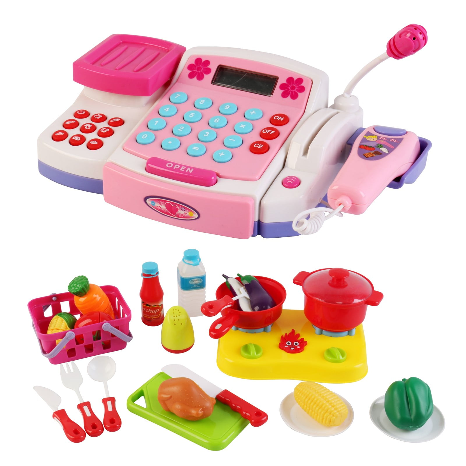 Vokodo Toy Cash Register With Microphone Calculator Grocery Items