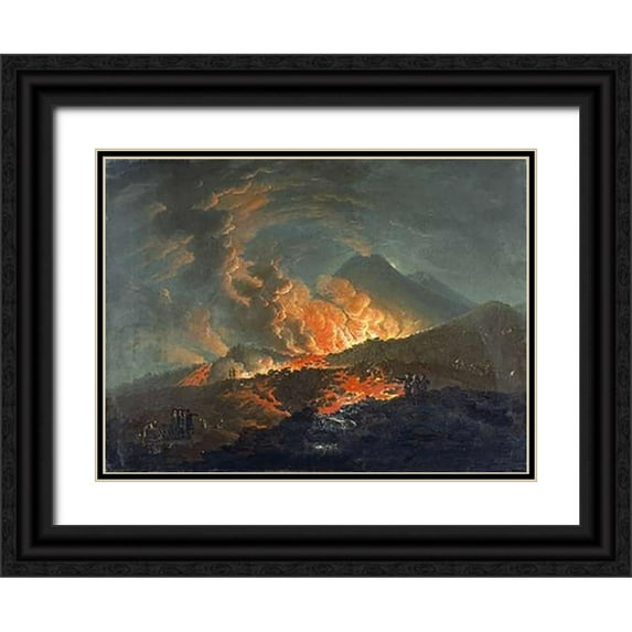 Volaire, Jacques Antoine 18x14 Black Ornate Wood Framed with Double Matting Museum Art Print Titled - Vesuvius Erupting at Night