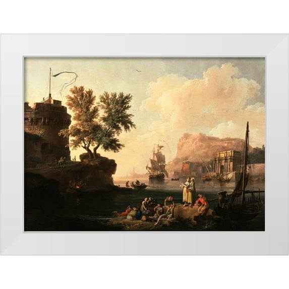 Volaire, Pierre-Jacques 24x18 White Modern Wood Framed Museum Art Print Titled - Mediterranean Harbor Scene