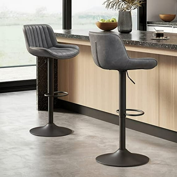 Volans Bar Stools Set of 2, Mid Century Modern Faux Leather Swivel Adjustable Height Bar Stool, Counter Height Pub Bar Chair with Back, Black Powder Coated Base, Gray
