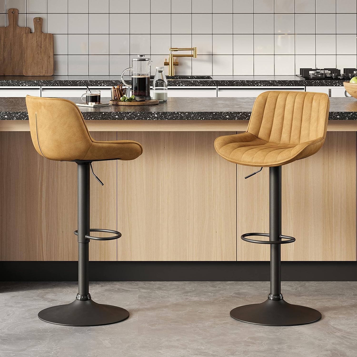 Volans Bar Stools Set of 2, Mid Century Modern Faux Leather Swivel