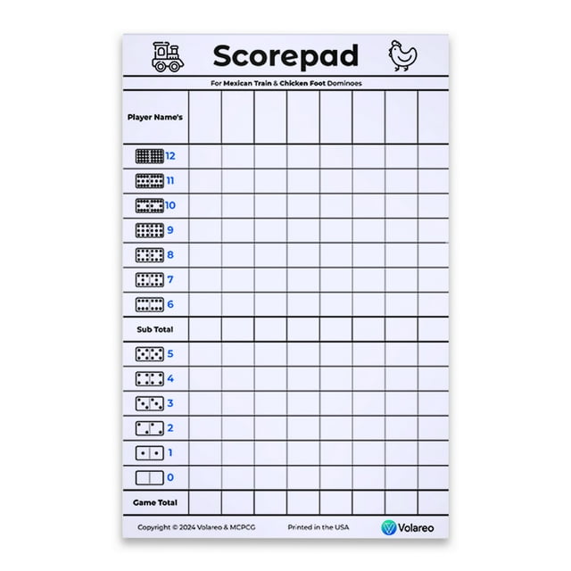 Volareo Mexican Train and Chicken Foot Dominoes Score Pad - 100 Scoring ...