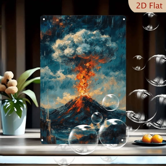 Volcanic Eruption Oil Painting on Metal, 8x12 Inch Wall Art, Dramatic Lava Flow & Stormy Sky Decor for Living Room, Dark Rugged Slopes with Fiery Glow and Tower Reflection