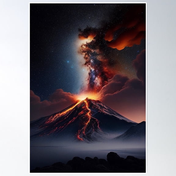 Volcanic Eruption On A Stellar Milky Way Night Poster Wall Art, Modern Wall Decor, 8x12 UNFRAMED