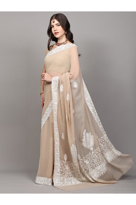 Volcanic-Glass Kashmiri Saree with Aari Embroidered Paisleys and Flowers Border-Pallu – Parchment