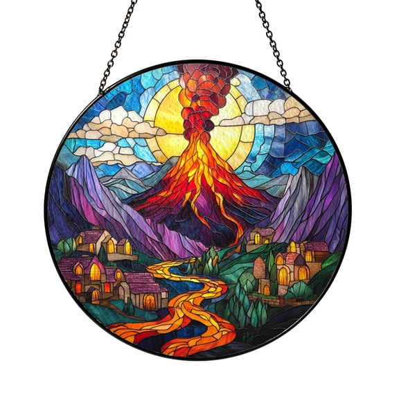 Volcanic Landscape Stained Glass Suncatcher – Fantasy Window Art