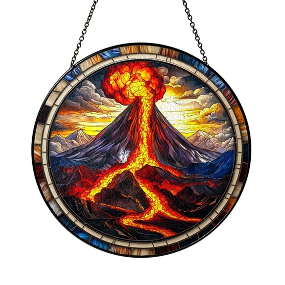 Volcanic Mountain Stained Glass Round Window Decor, Eruption Lava Scene Art, Dramatic Nature Home Accent