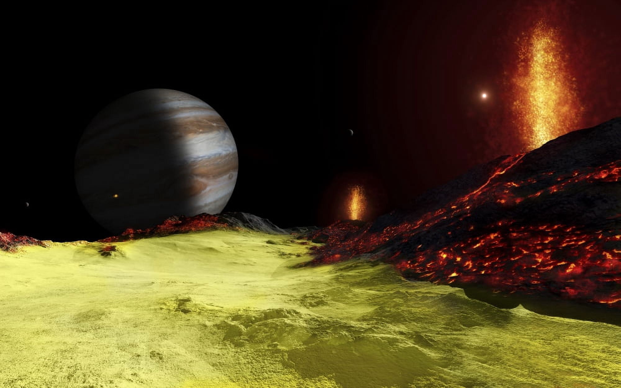 Volcanic activity on Jupiters moon Io with the planet Jupiter visible on the horizon Canvas Art - Fahad SulehriaStocktrek Images (36 x 23)
