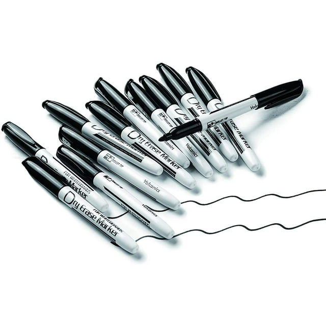 Volcanics Low Odor Fine Tip Dry Erase Markers, Black, Box of 12