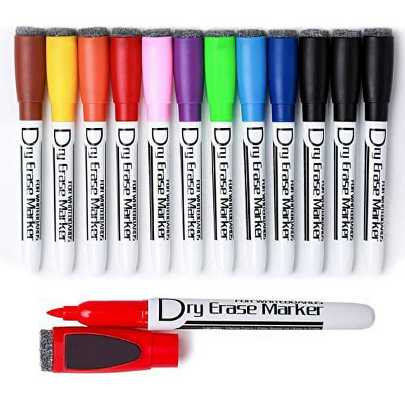 Volcanics Magnetic Dry Erase Markers With Eraser Low Odor Fine Tip Whiteboard Pens Pack of 12, 10 Colors