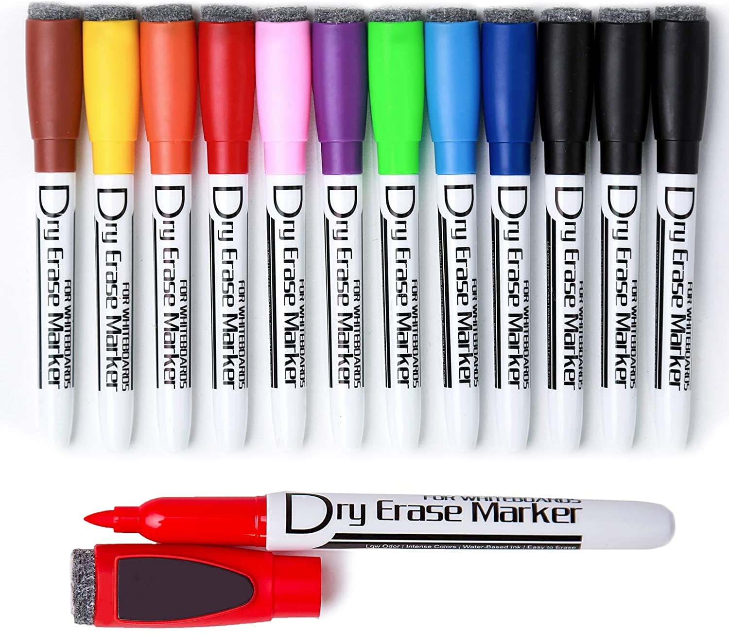 Volcanics Magnetic Dry Erase Markers with Eraser Low Odor Fine Tip Whiteboard Pens Pack of 12, 10 Colors, Size: 6 x 6 x 0.5