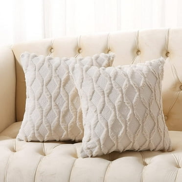 Volcanics Pack of 2 Wool Throw Pillow Covers 18x18 inches Decorative Farmhouse Velvet Couch Pillow Case Soft Plush Square Boho Cushion Pillowcase, Cream Beige