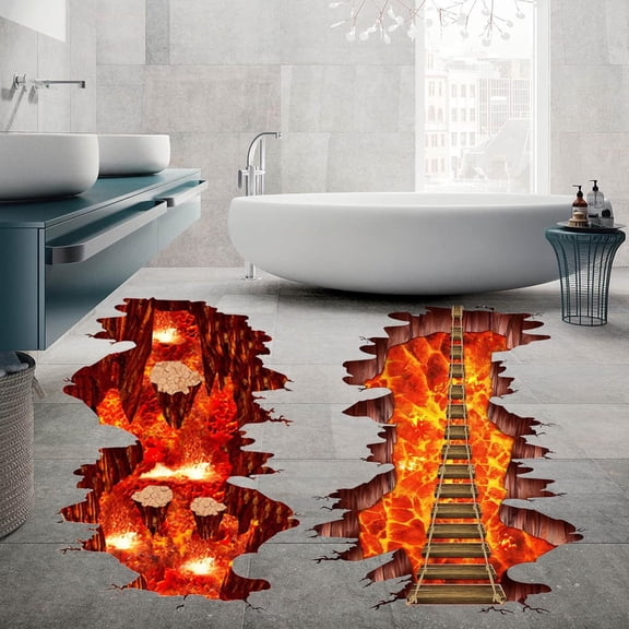 Volcano 3D Floor Stickers, Flame Rope Bridge & Lava Art Decals for Wall, Waterproof, Removable, Repositionable, Living Room, Bedroom, Bathroom Decor