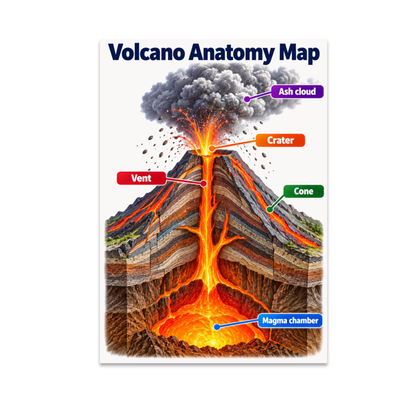 Volcano Anatomy Map Guide - Science Learner - 13x19 Poster Print