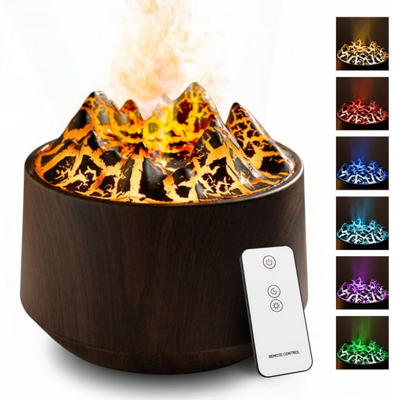 Volcano Aroma Diffuser with Flame Effect - 7 Color Changing LED Ultrasonic Cool Mist Humidifier for Essential Oils, Remote Control Wood Grain Aromatherapy Fountain for Home & Office