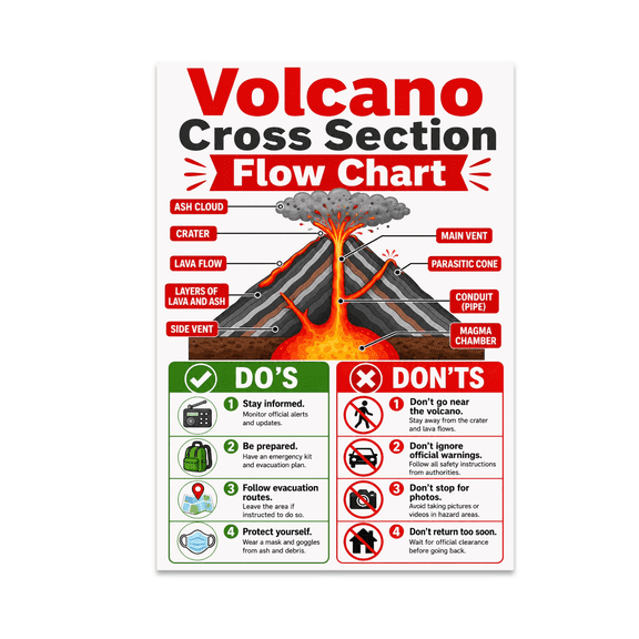 Volcano Cross Section Flow Chart - Geology Enthusiast - 13x19 Poster Print