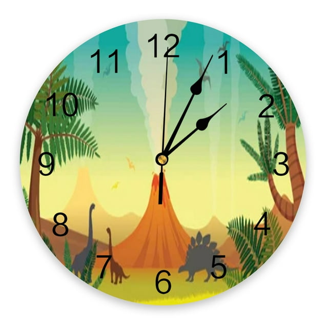 Volcano Dinosaur Cartoon Tree PVC Digital Wall Clock Modern Design