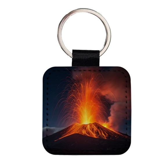 Volcano Erupting At Night Faux Leather Square Keychain