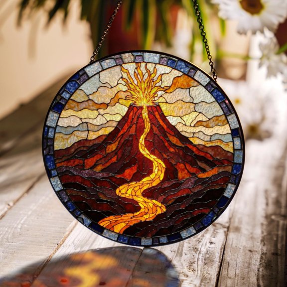 Volcano Eruption Glass Suncatcher, Flowing Lava Housewarming Art, 3.5 in