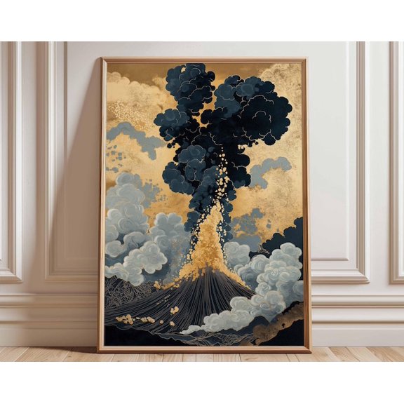 Volcano Eruption Gold And Black Japanese Inspired Explosive Cloud Landscape Wall Art Print, Unframed Paper Poster 8x10in
