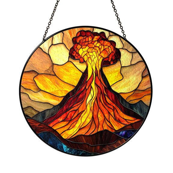Volcano Eruption Landscape Stained Glass Style Suncatcher – Window Art