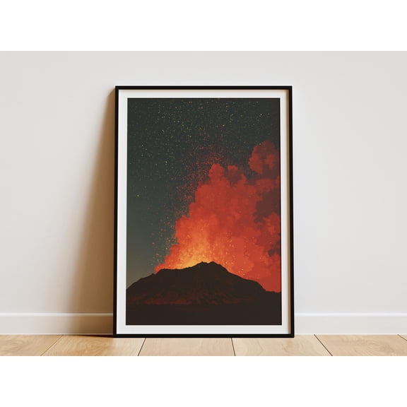 Volcano Eruption Poster Under Stars Print Hawaiian Landscape Art Abstract Celestial Wall Art Home Decor Dorm Decor Paper Poster - Poster Unframed