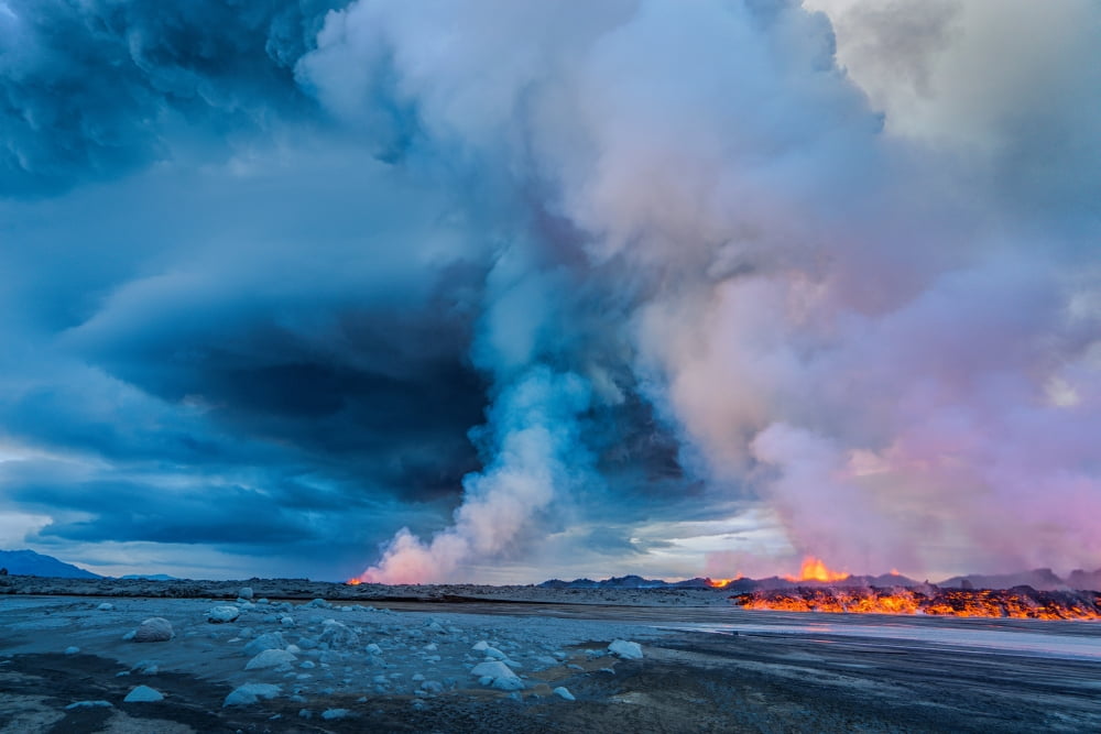 Volcano Eruption at the Holuhraun Fissure near Bardarbunga Volcano Iceland Canvas Art - Panoramic Images (27 x 9)