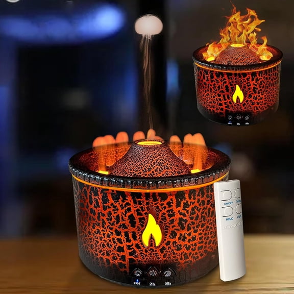 Volcano , Essential Oil 300ml Volcano Humidifier with Flame & Volcano Mist Mode, 2 Colors, Timer, Auto Shut-Off, Remote Control, Flame s for Home Bedroom Black