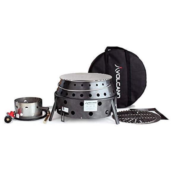 Volcano 3 Collapsible Portable Grill & Stove with Lid & Cookbook 19,500 BTU Multi-Fuel Camping Grill (Propane, Charcoal, Wood), 13" Cooking Surface, Carry Bag & Heat Diffuser Included