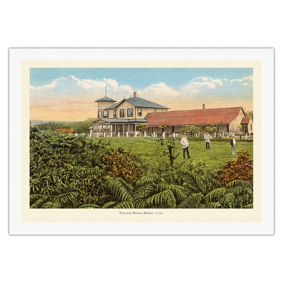 Volcano House Hawaii - Directly Overlooking Crater - Hawaii Volcanoes National Park - Vintage Hawaiian Color Postcard c.1921 - Fine Art Rolled Canvas Print (Unframed) 27in x 40in
