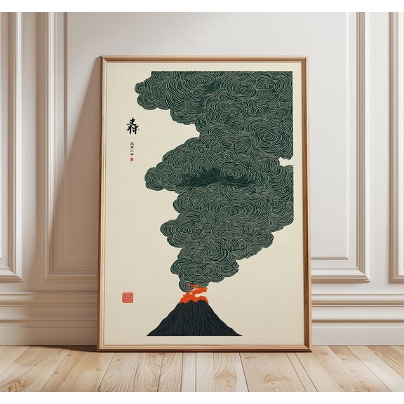Volcano Japanese Style Eruption Poster Wall Art Print